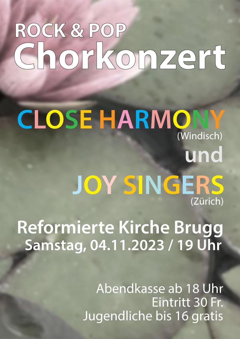 Closeharmony und Joy Singers treten in der Reformierten Kirche Brugg am 4.11.2023 um 19:00 auf.